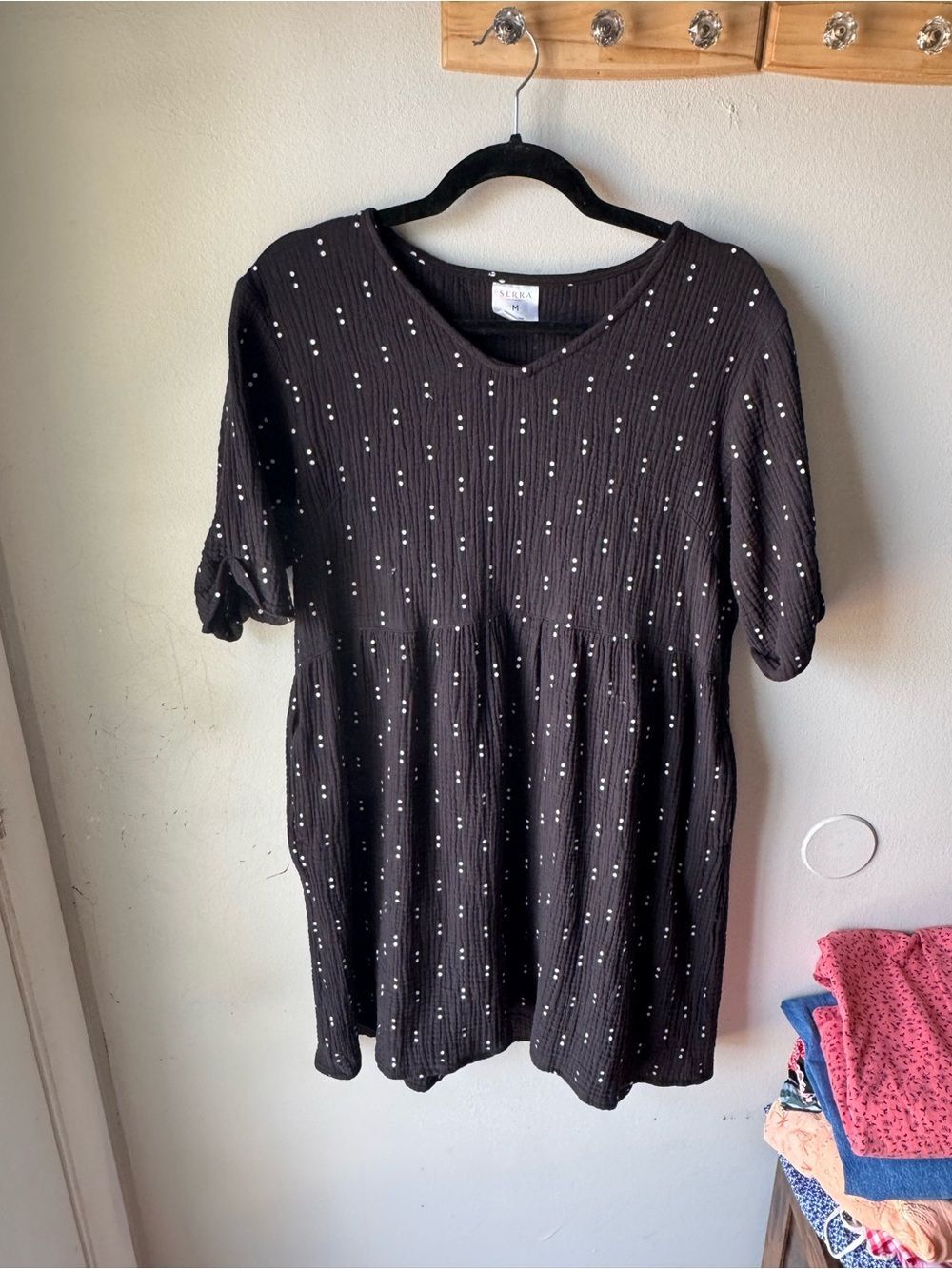 Serra Womens Medium Black Polka Dot Cotton Double Gauze Babydoll Mini Dress